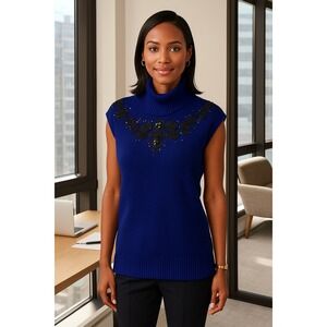Saks Fifth Avenue L Cashmere Blue Sleeveless Turtleneck Sweater Work Embroidered